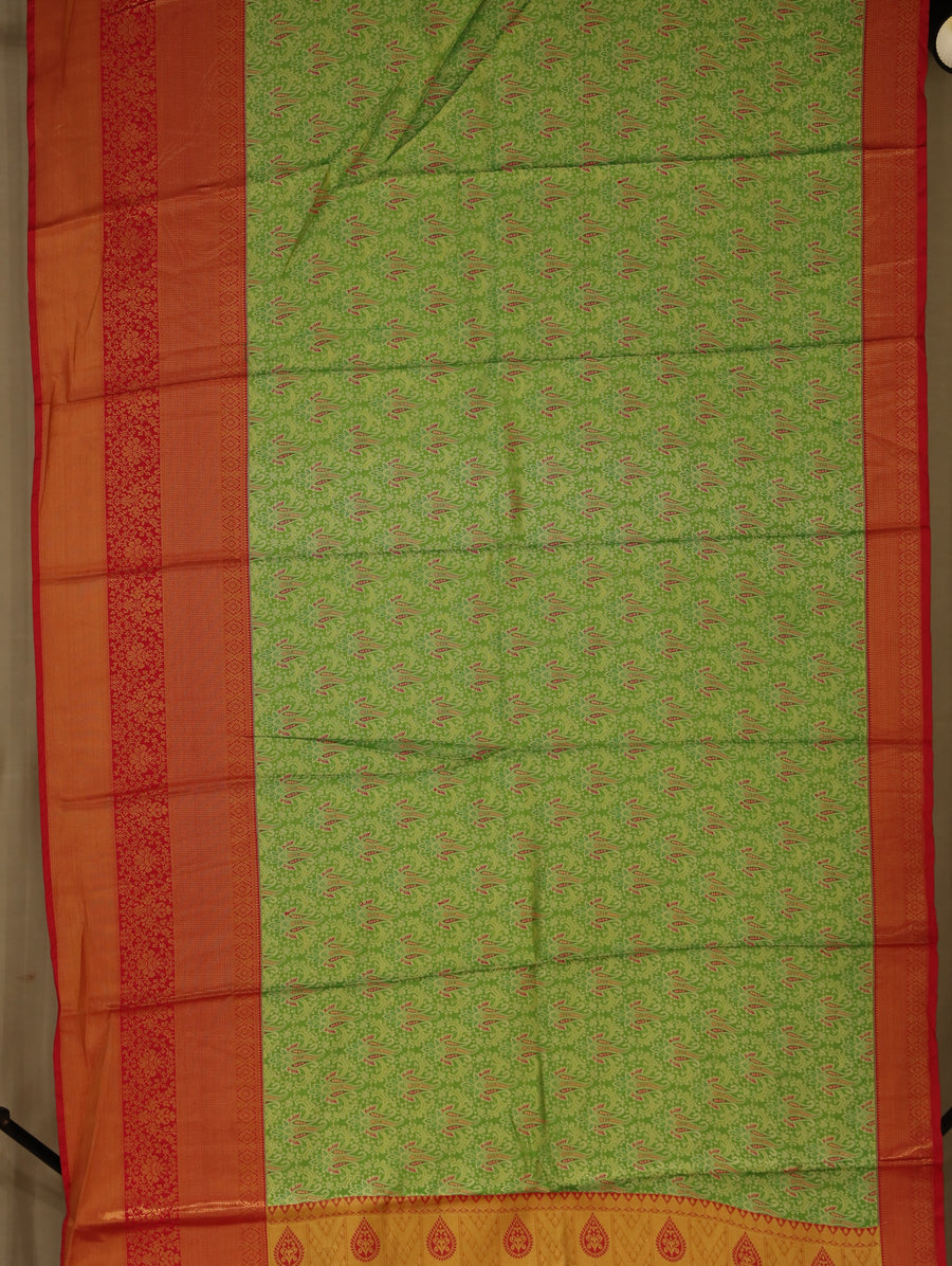 Sage Green Kanchipuram Inspired Semi Silk Saree with Wide Wide Contrast Border