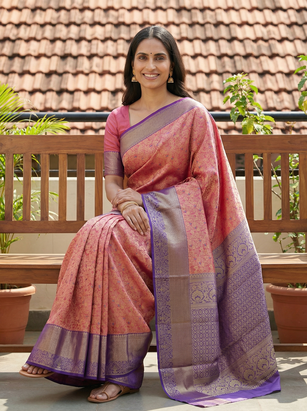 Dusty Rose Kanchipuram Inspired Semi Silk Saree with Wide Wide Contrast Border