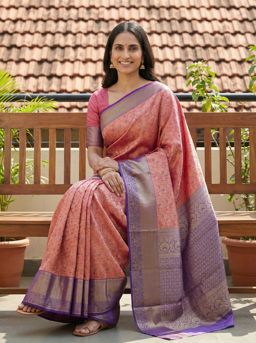 Dusty Rose Kanchipuram Inspired Semi Silk Saree with Wide Wide Contrast Border