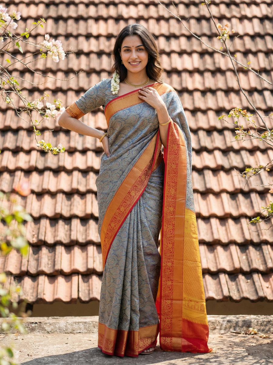 Steel Gray Kanchipuram Inspired Semi Silk Saree with Medium Medium Contrast Border