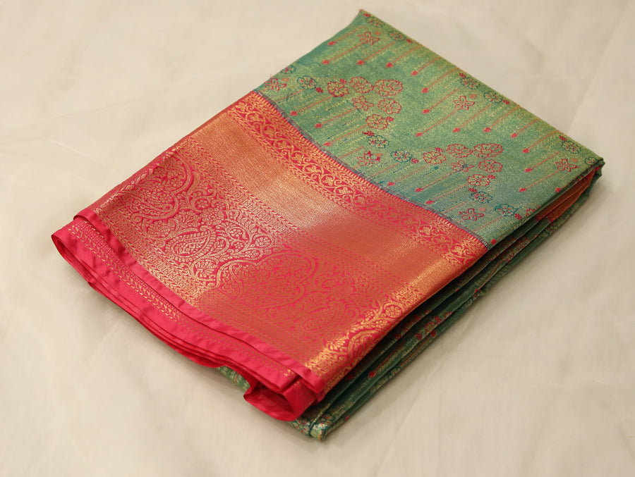 Sage Green Kanchipuram Inspired Semi Silk Saree with Wide Wide Contrast Border