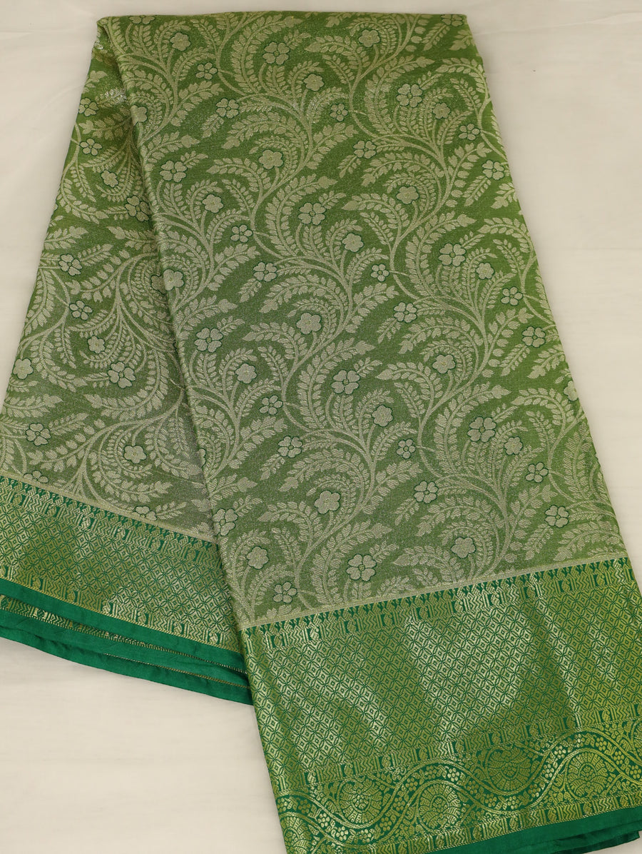 Olive Green Kanchipuram Inspired Semi Silk Saree with Wide Wide Self Border