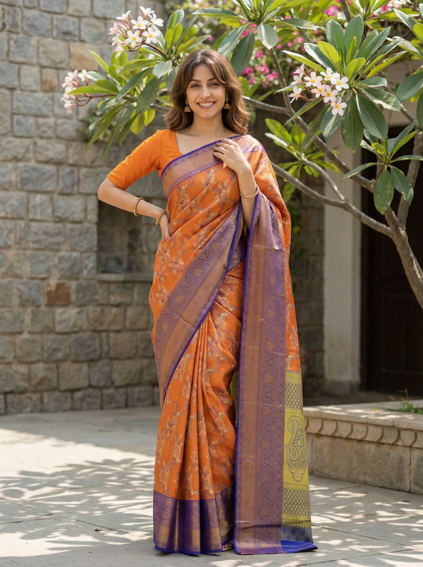 Burnt Orange Kanchipuram Inspired Semi Silk Saree with Wide Wide Contrast Border