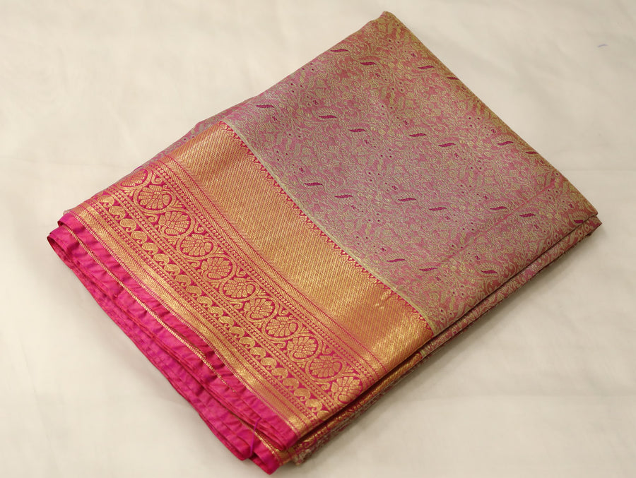 Dusty Rose Kanchipuram Inspired Semi Silk Saree with Wide Wide Contrast Border