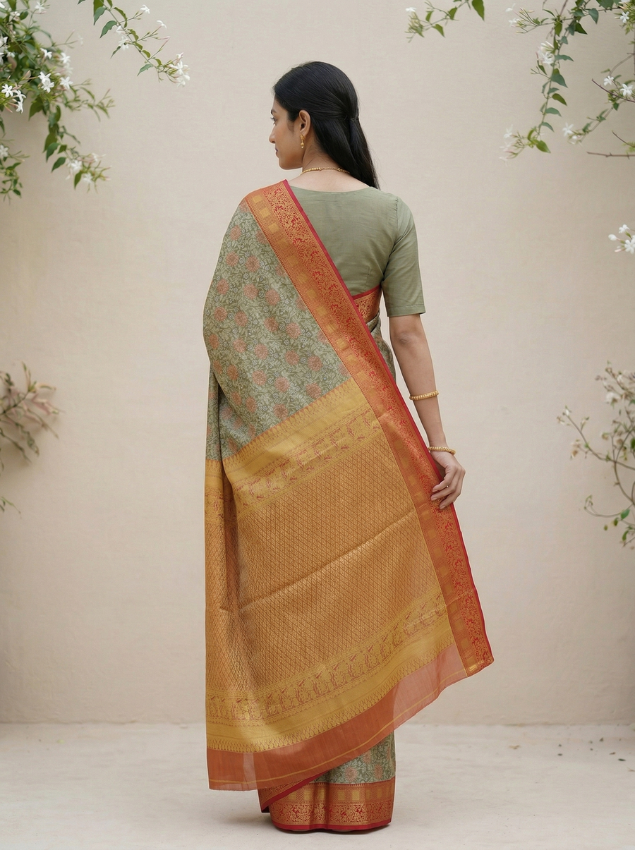 Sage Green Kanchipuram Inspired Semi Silk Saree with Wide Wide Contrast Border