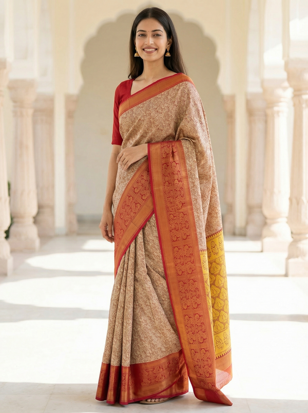 Burnt Orange Dharmavaram Inspired Semi Silk Saree with Wide Wide Contrast Border