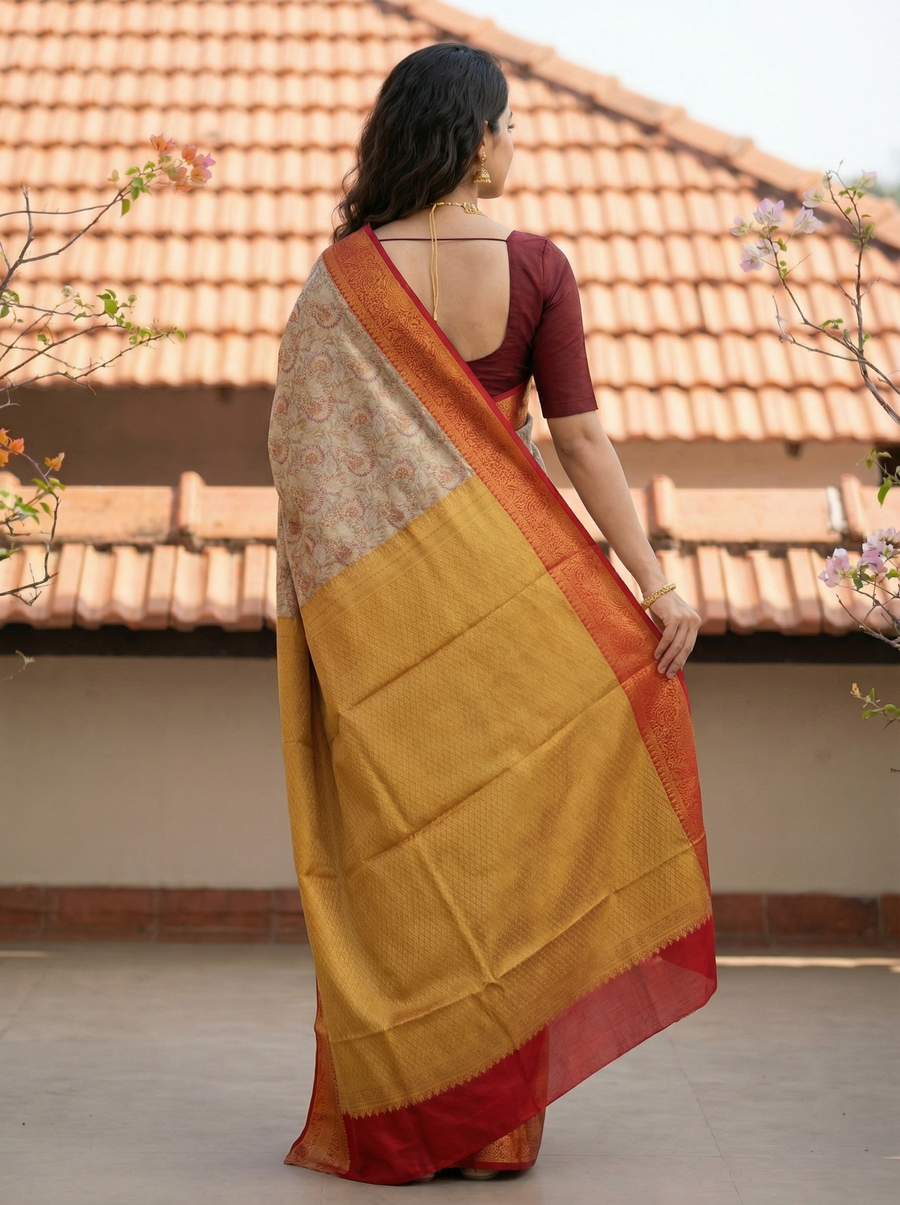 Mustard Yellow Dharmavaram Inspired Semi Silk Saree with Wide Wide Contrast Border