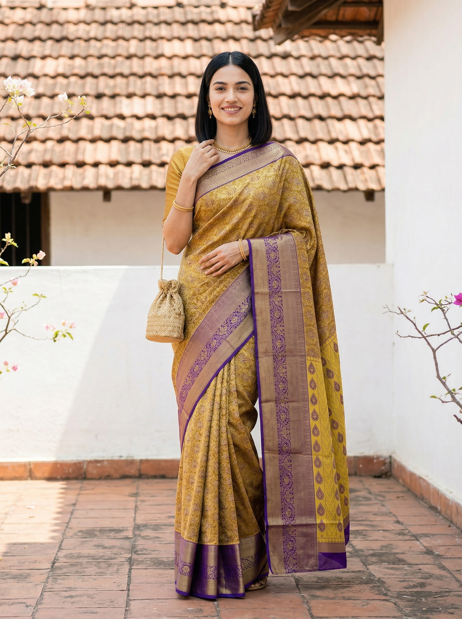 Mustard Gold Dharmavaram Inspired Semi Silk Saree with Wide Wide Contrast Border