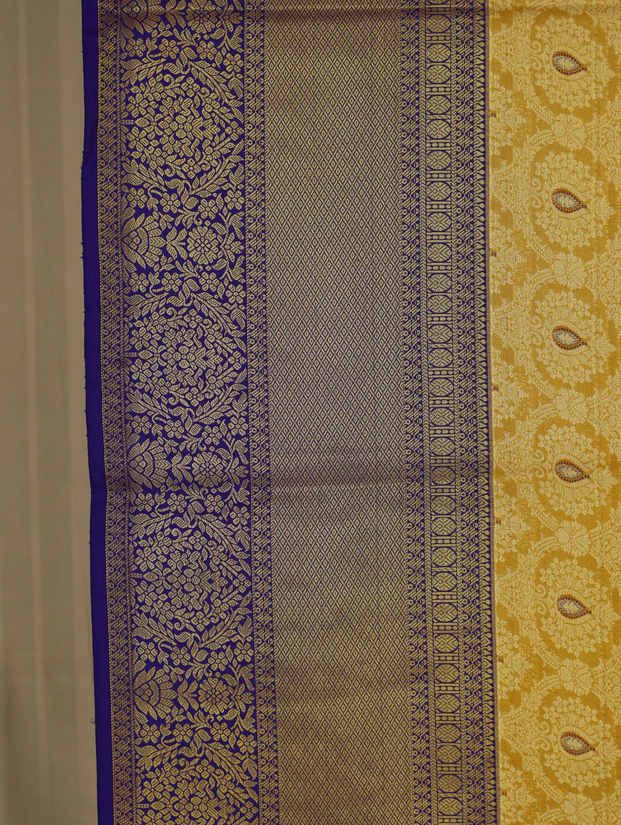 Mustard Yellow Kanchipuram Inspired Semi Silk Saree with Wide Wide Contrast Border