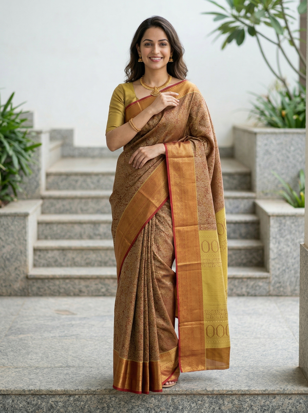 Antique Gold Kanchipuram Inspired Semi Silk Saree with Wide Wide Contrast Border