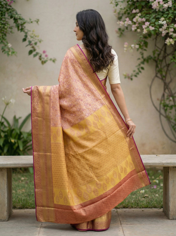 Champagne Gold Dharmavaram Inspired Semi Silk Saree with Wide Wide Contrast Border