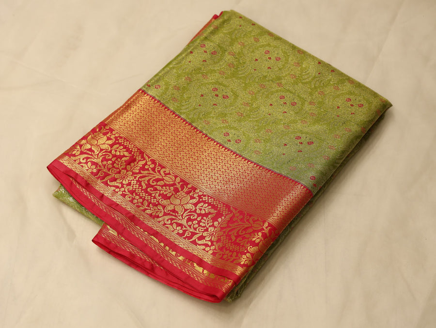 Olive Green Kanchipuram Inspired Semi Silk Saree with Medium Medium Contrast Border