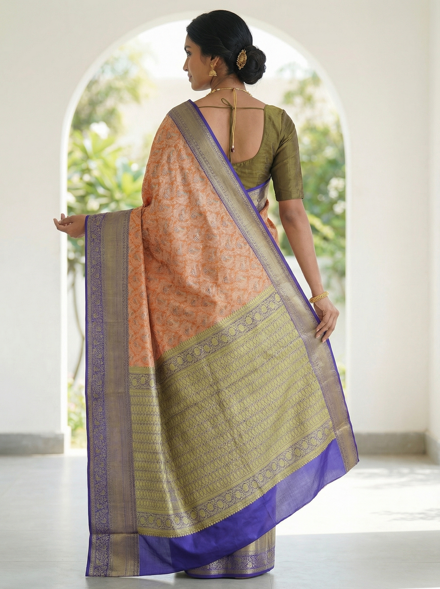 Sunset Orange Kanchipuram Inspired Semi Silk Saree with Wide Wide Contrast Border