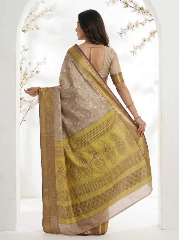 Champagne Gold Dharmavaram Inspired Semi Silk Saree with Wide Wide Contrast Border