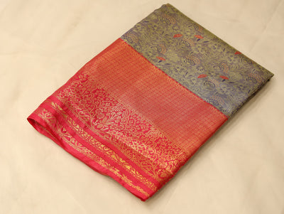 Sandy Beige Kanchipuram Inspired Semi Silk Saree with Wide Wide Contrast Border