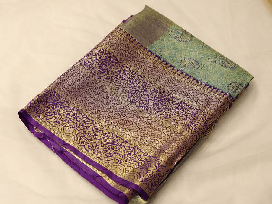Sunlit Olive Kanchipuram Inspired Semi Silk Saree with Wide Wide Contrast Border