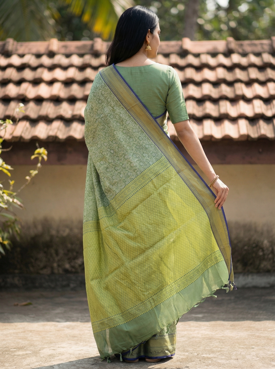 Olive Green Uppada Inspired Semi Silk Saree with Narrow Narrow Contrast Border