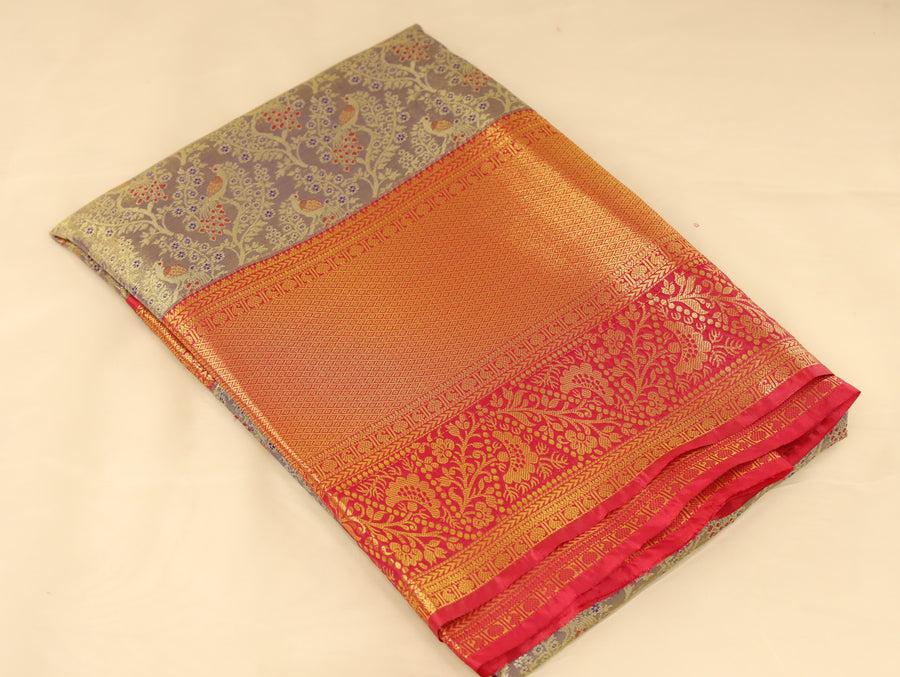 Champagne Gold Dharmavaram Inspired Semi Silk Saree with Wide Wide Contrast Border