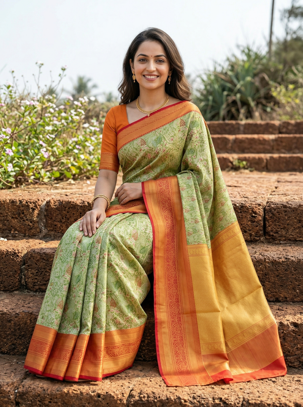Dusty Rose Kanchipuram Inspired Semi Silk Saree with Wide Wide Contrast Border