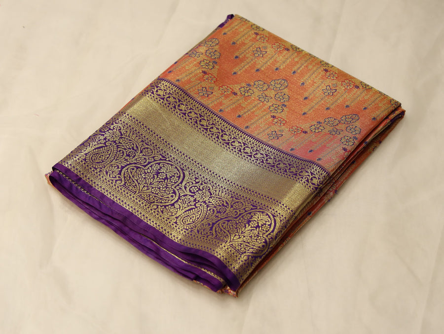 Burnt Orange Gadwal Inspired Semi Silk Saree with Medium Medium Contrast Border