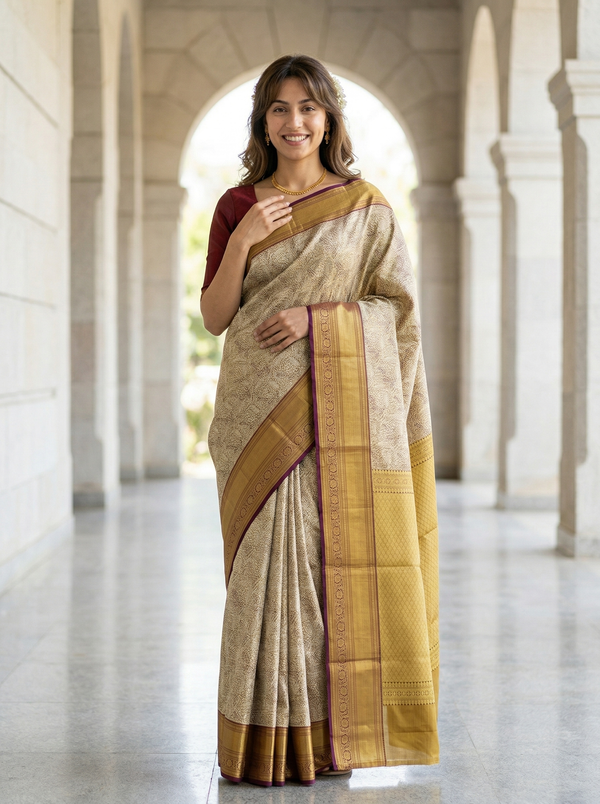 Ivory Beige Kanchipuram Inspired Semi Silk Saree with Wide Wide Contrast Border