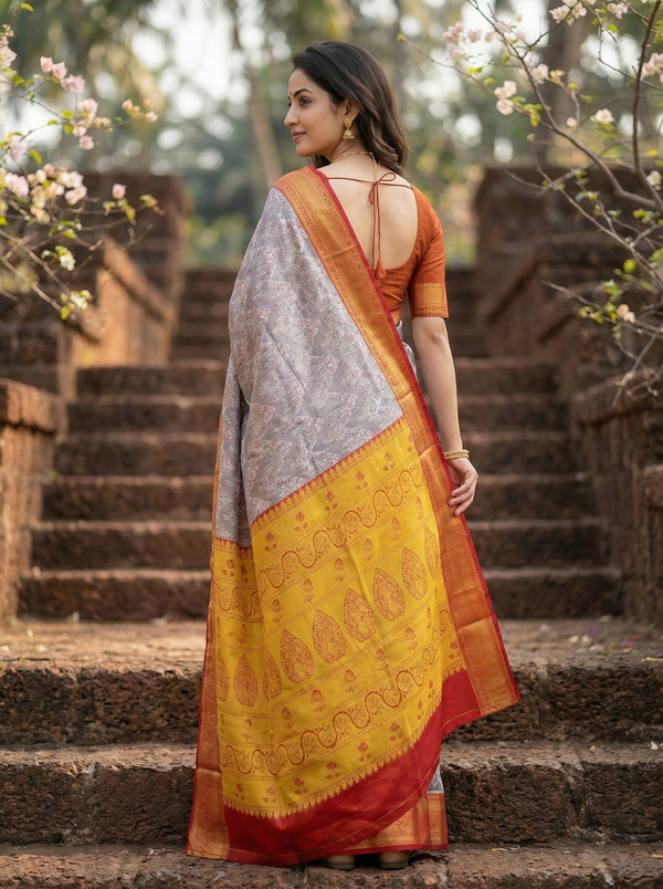 Mustard Yellow Kanchipuram Inspired Semi Silk Saree with Wide Wide Contrast Border