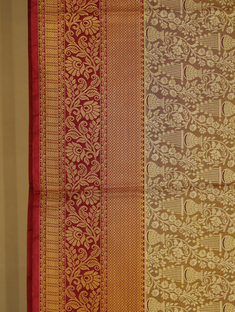 Champagne Gold Kanchipuram Inspired Semi Silk Saree with Wide Wide Contrast Border