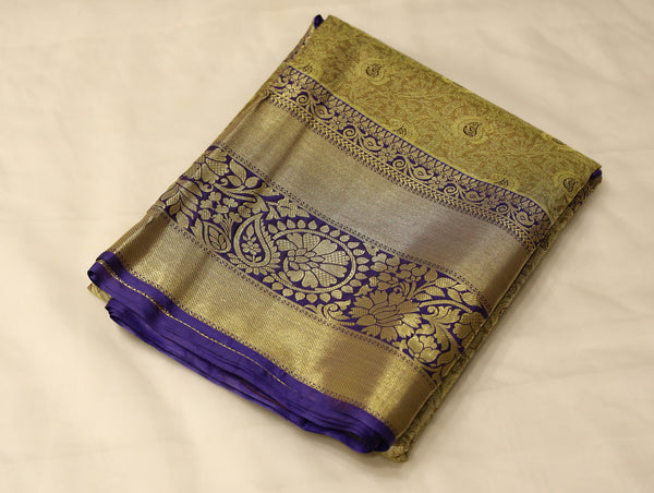 Champagne Gold Kanchipuram Inspired Semi Silk Saree with Wide Wide Contrast Border