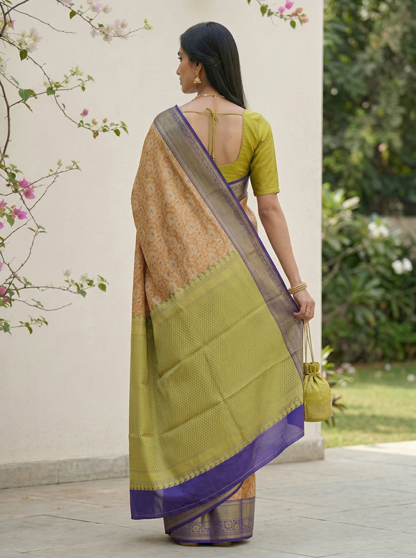 Champagne Gold Dharmavaram Inspired Semi Silk Saree with Medium Medium Contrast Border