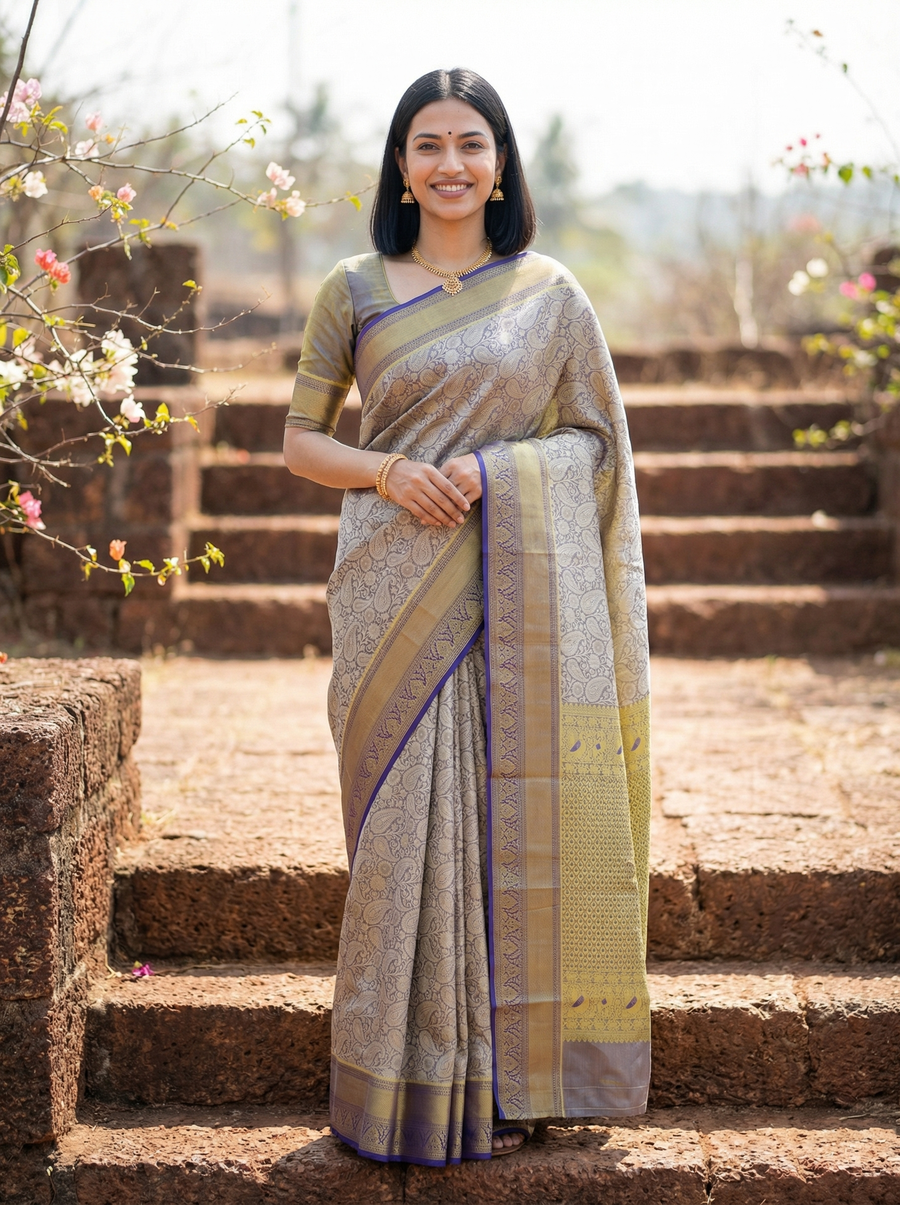 Olive Green Dharmavaram Inspired Semi Silk Saree with Medium Medium Contrast Border