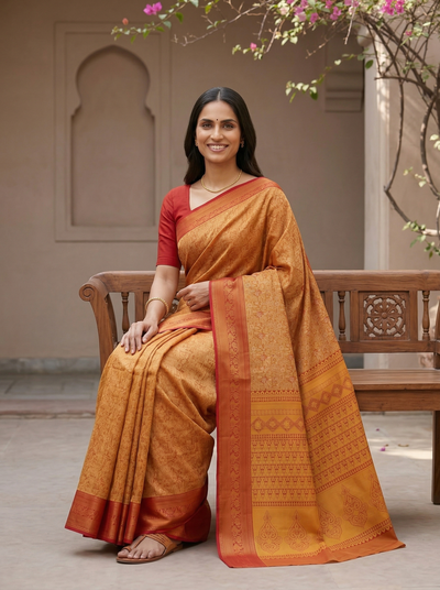Sunset Yellow Dharmavaram Inspired Semi Silk Saree with Wide Medium Contrast Border