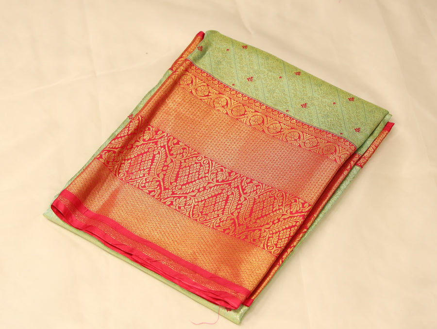 Sunset Gold Kanchipuram Inspired Semi Silk Saree with Wide Wide Contrast Border