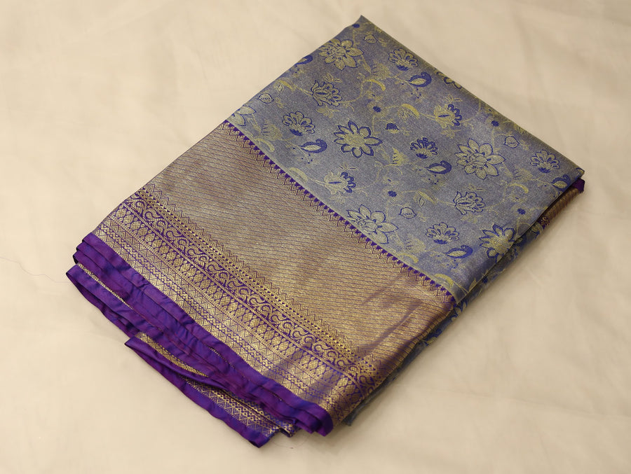Slate Blue Kanchipuram Inspired Semi Silk Saree with Wide Wide Contrast Border