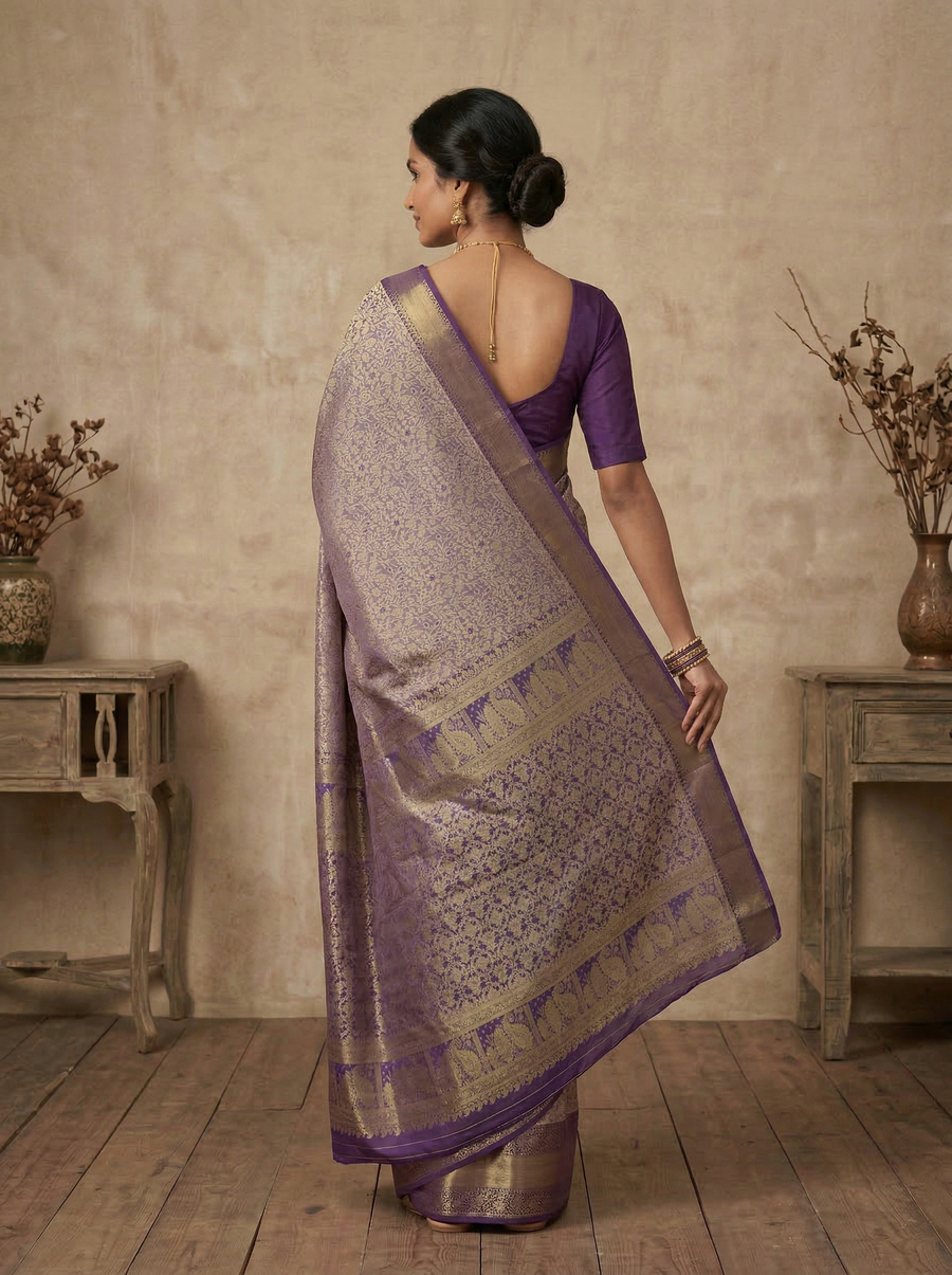 Lavender Mist Kanchipuram Inspired Semi Silk Saree with Wide Wide Contrast Border