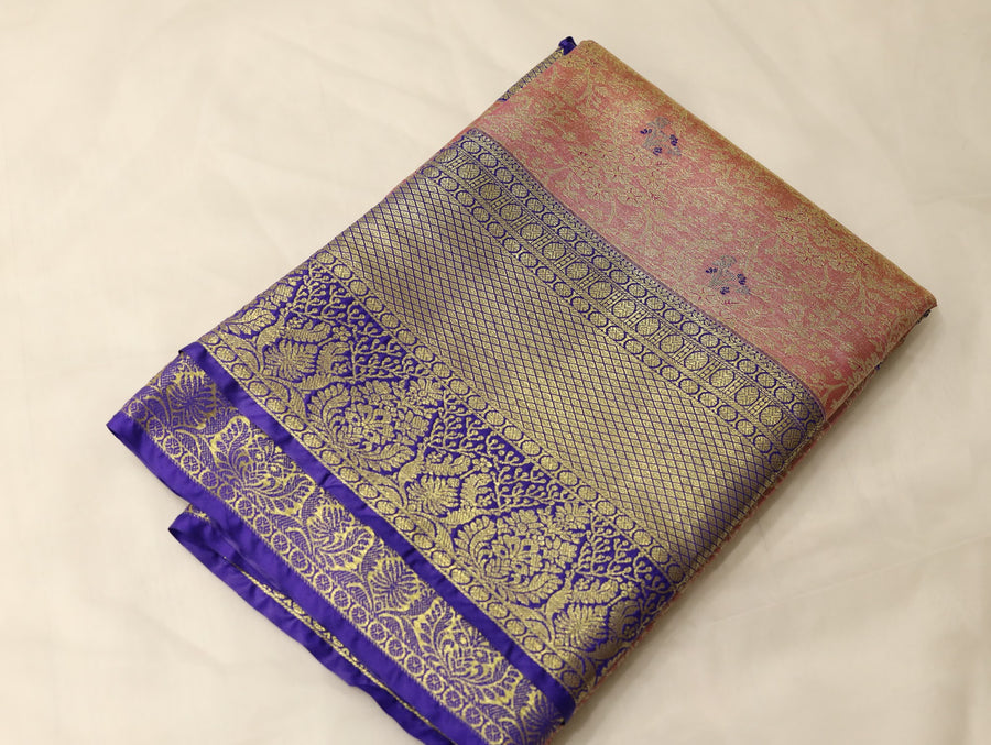 Dusty Rose Kanchipuram Inspired Semi Silk Saree with Medium Medium Contrast Border