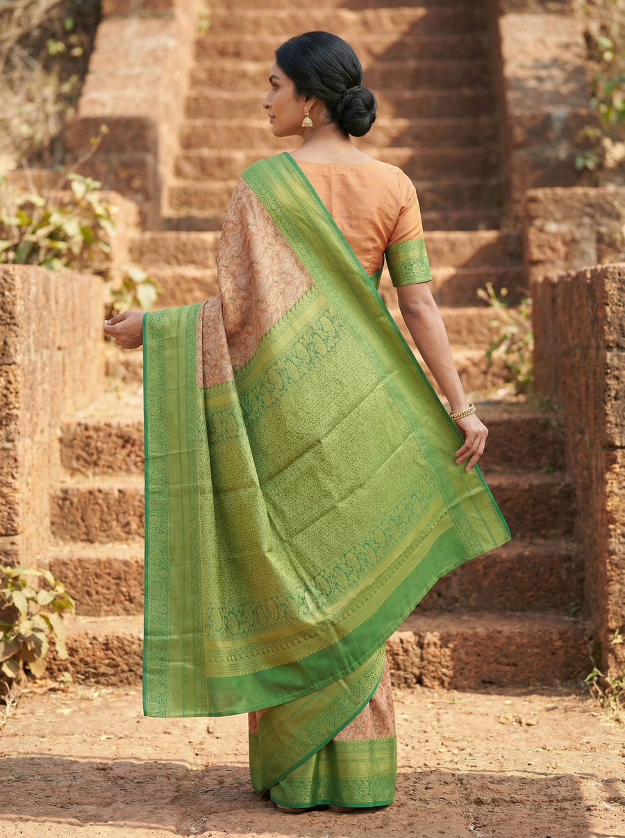 Sage Green Kanchipuram Inspired Semi Silk Saree with Medium Medium Contrast Border