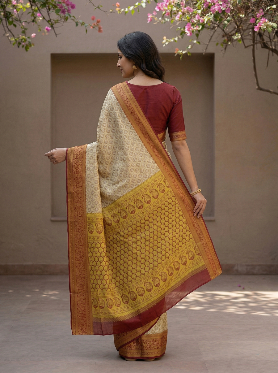 Champagne Gold Dharmavaram Inspired Semi Silk Saree with Wide Wide Contrast Border