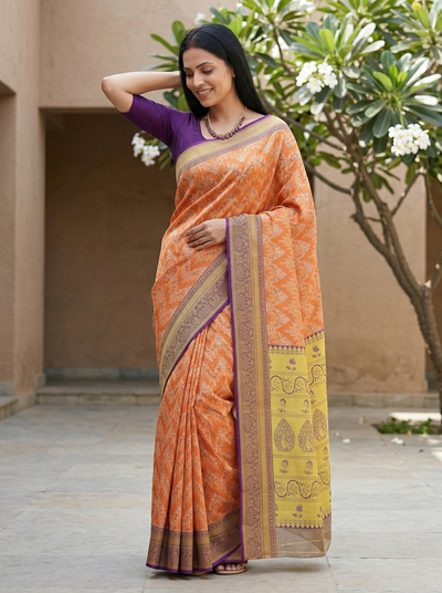 Burnt Orange Gadwal Inspired Semi Silk Saree with Medium Medium Contrast Border