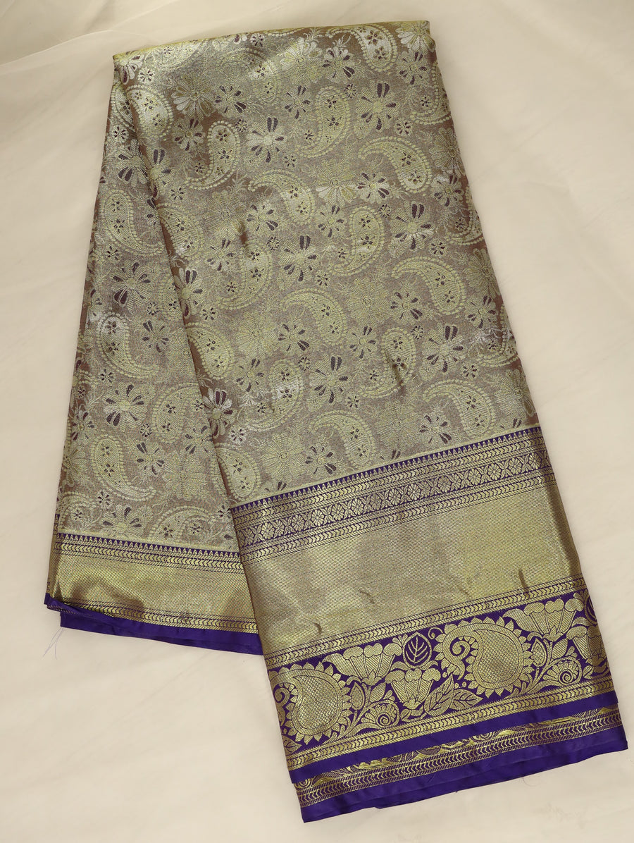 Champagne Gold Kanchipuram Inspired Semi Silk Saree with Wide Wide Contrast Border