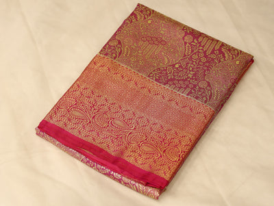 Rosewood Red Kanchipuram Inspired Semi Silk Saree with Wide Wide Contrast Border