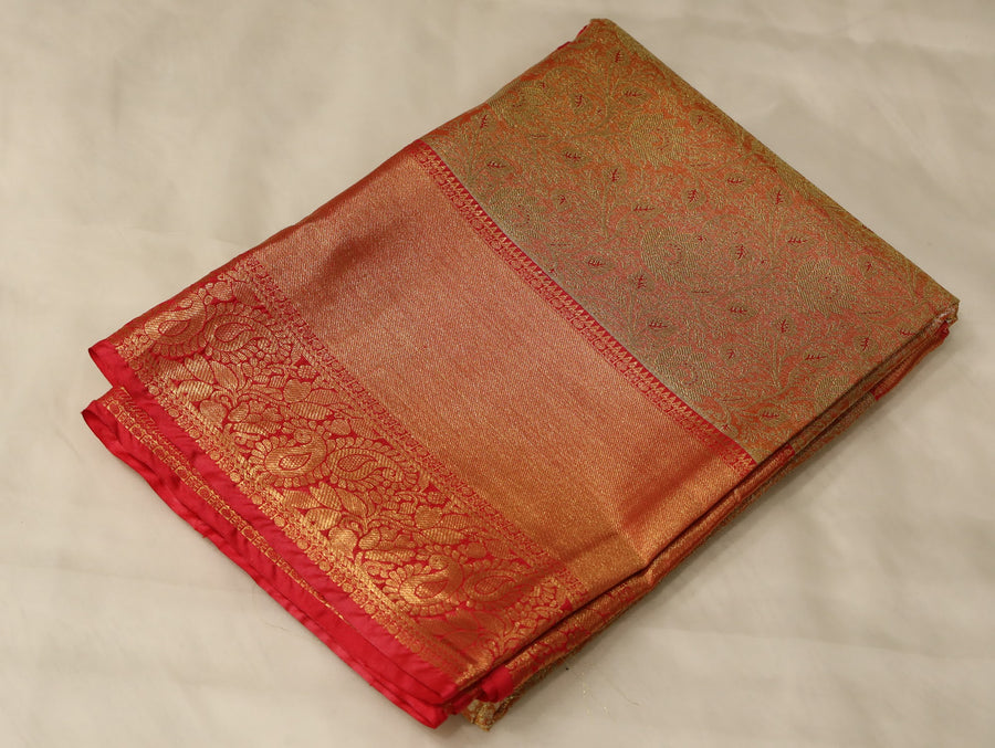 Champagne Gold Kanchipuram Inspired Semi Silk Saree with Wide Wide Contrast Border