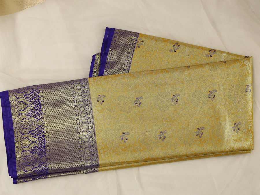 Champagne Gold Kanchipuram Inspired Semi Silk Saree with Wide Wide Contrast Border