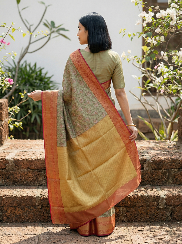 Olive Green Dharmavaram Inspired Semi Silk Saree with Wide Wide Contrast Border