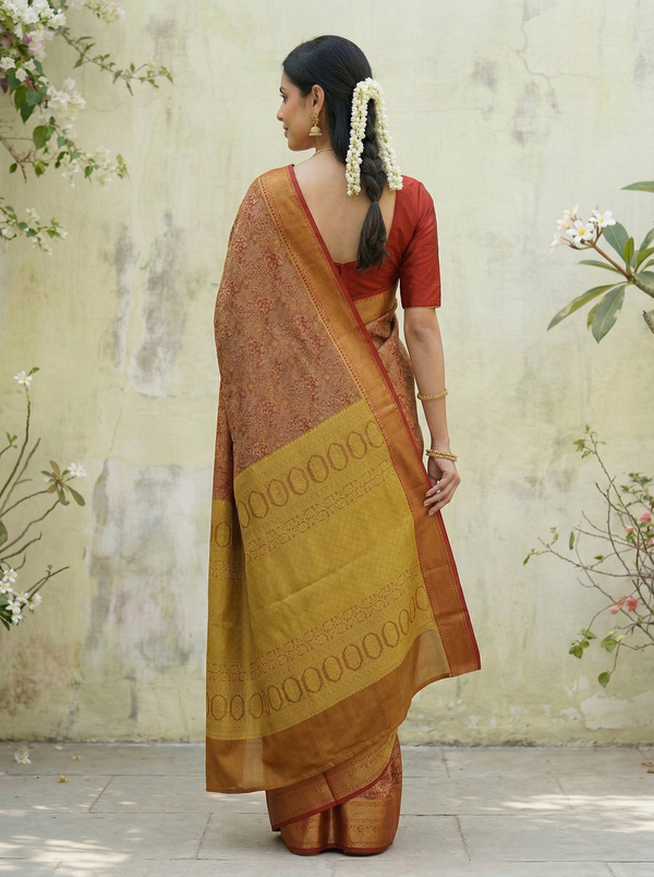 Burnt Sienna Dharmavaram Inspired Semi Silk Saree with Wide Wide Contrast Border