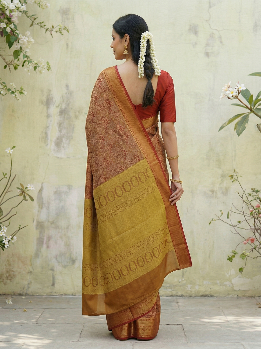 Burnt Sienna Dharmavaram Inspired Semi Silk Saree with Wide Wide Contrast Border