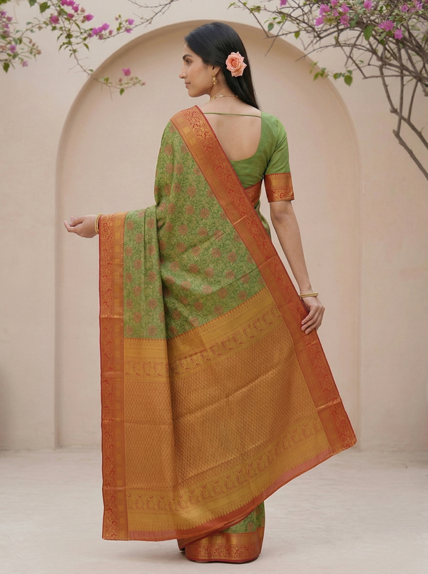 Sage Green Kanchipuram Inspired Semi Silk Saree with Medium Medium Contrast Border