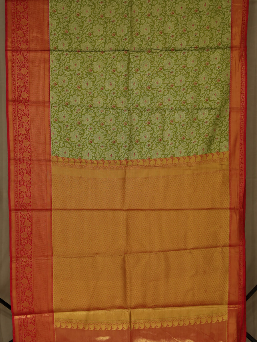 Sage Green Kanchipuram Inspired Semi Silk Saree with Wide Wide Contrast Border