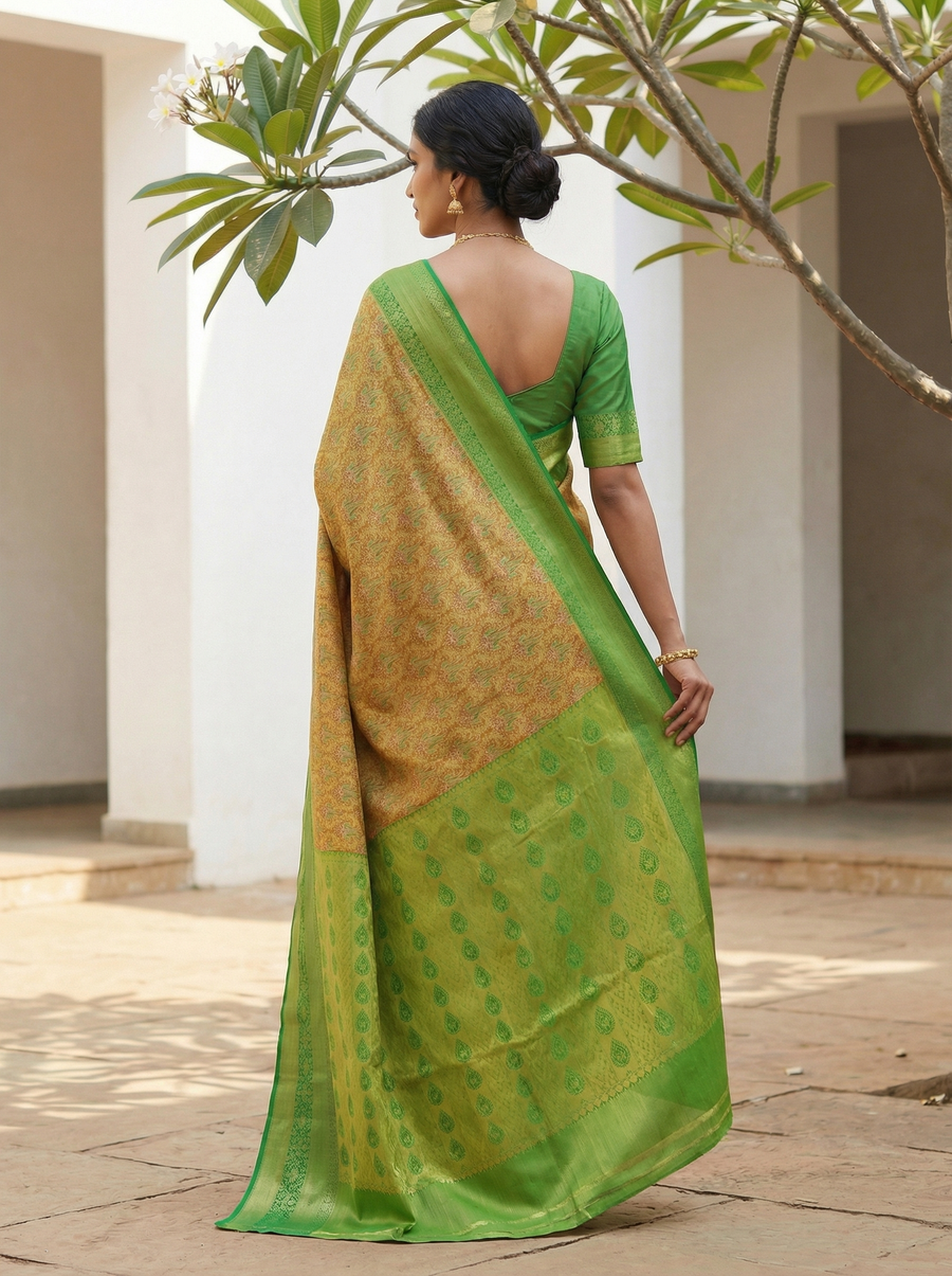 Lime Green Dharmavaram Inspired Semi Silk Saree with Medium Medium Self Border
