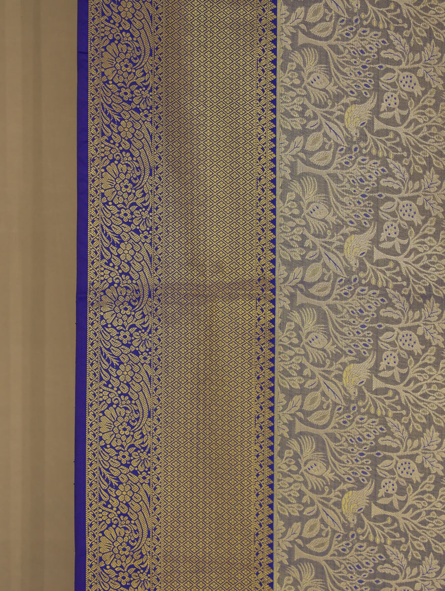 Silvery Grey Kanchipuram Inspired Semi Silk Saree with Wide Wide Contrast Border