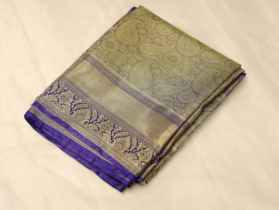 Champagne Gold Kanchipuram Inspired Semi Silk Saree with Medium Medium Contrast Border